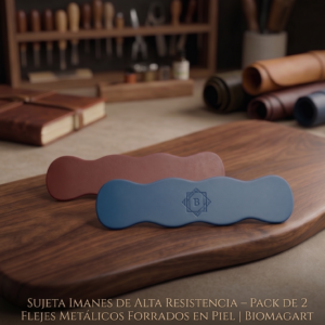 Pack de 2 sujeta imanes de alta resistencia fabricados en flejes metálicos forrados en piel de color marrón y azul con logo grabado de BiomagArt.
